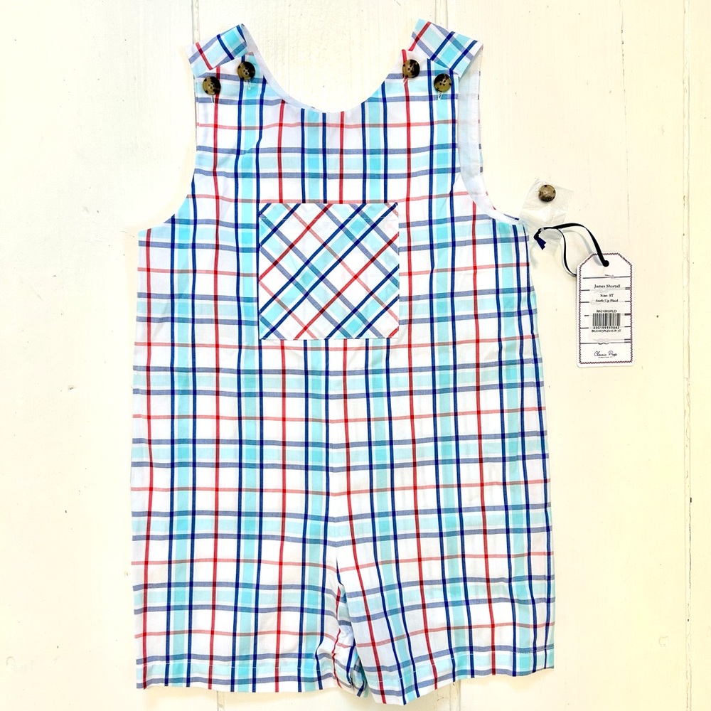 Classic Prep 3T John-John Shortall Overalls in Surfs Up Plaid - 1 NWT, 1 NWOT